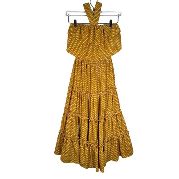 Sandro Paris Halter Tiered Midi Dress S Pom Pom Trim Marigold Block Print - Picture 2 of 8